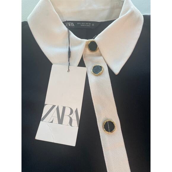 ZARA Black White Ruched Long Sleeve Dress – Gold Buttons – Size L – NWT - Picture 10 of 10